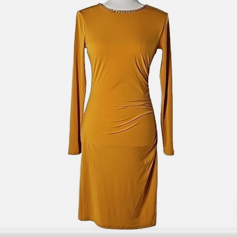 MICHAEL Michael Kors Gold Ruched Long Sleeve Sheath Dress